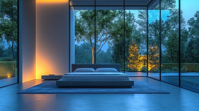 Fototapeta Modern bedroom with large windows overlooking tranquil evening garden
