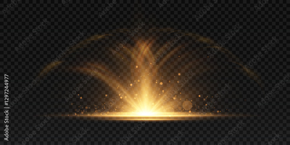 Poster Abstract light effect with golden light lines and flash of light in vertical projection on transparent background. Vector illustration