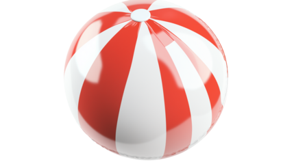 Classic red and white striped beach ball, fun summer activity for kids and adults, isolated on white background, PNG format, top view