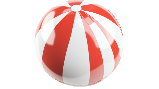 Classic red and white striped beach ball, fun summer activity for kids and adults, isolated on white background, PNG format, top view