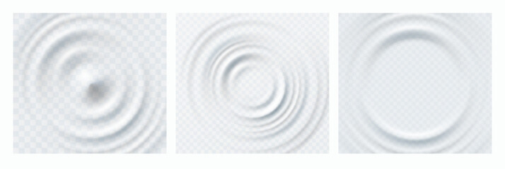 Ripple, splash water waves surface from drop isolated on transparent backgrounds. White sound impact effect top view. Vector circle liquid shampoo, cream or gel swirl round texture templates