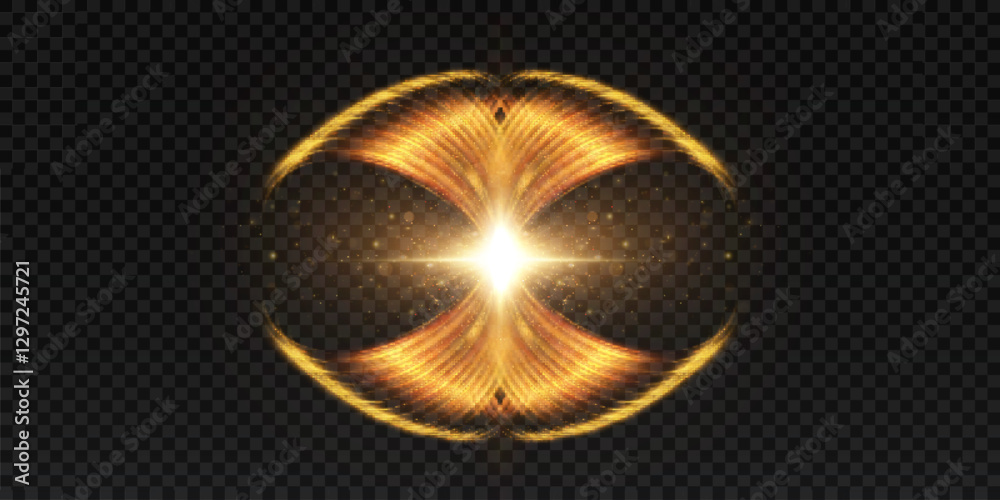 Poster Abstract light effect with golden light lines and flash of light in horizontal projection on transparent background. Vector illustration