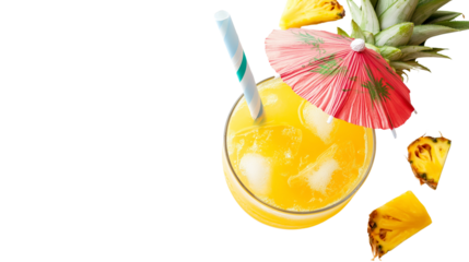Tropical pineapple drink with an umbrella and straw, refreshing beach cocktail, isolated on white background, PNG format, top view