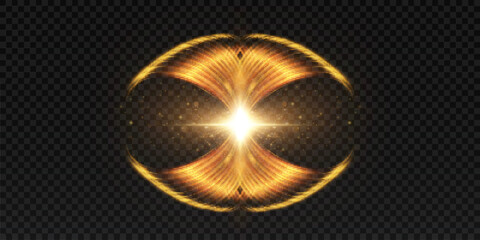 Abstract light effect with golden light lines and flash of light in horizontal projection on transparent background. Vector illustration