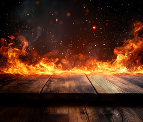 wooden table with Fire burning at the edge of the table, fire particles, sparks, and smoke in the air, with fire flames on a dark background to display products and spicy foods