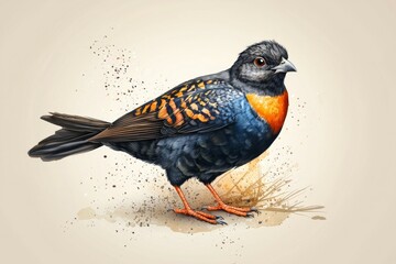 Bird with orange and black feathers is standing on a sandy surface