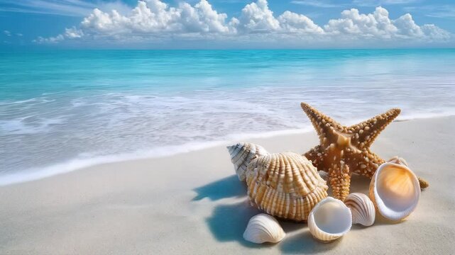 Seashells and Starfish on a Tropical Beach