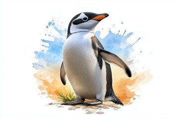 Naklejka premium Penguin is standing on a beach with a splash of water behind it