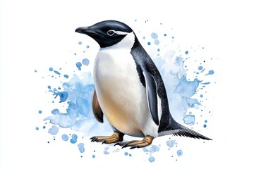 Obraz premium Penguin is standing on a white background with blue splatters