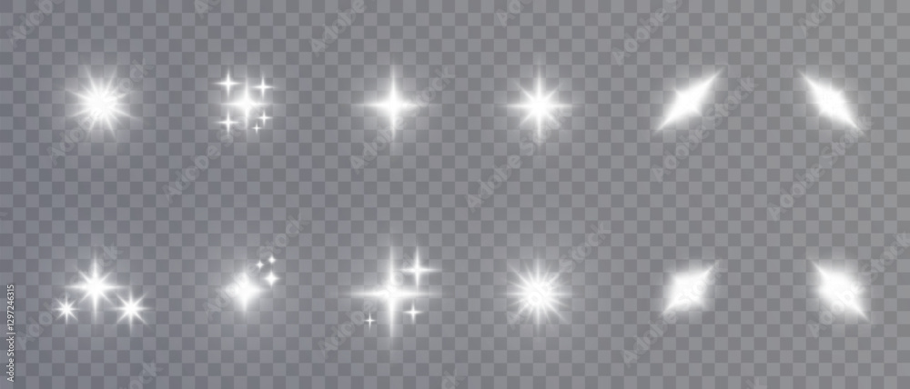Poster set of isolated highlights in white color. glowing realistic glare for design work. twinkling stars.