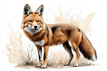 Obraz premium Fox is standing in a field with a brushy background