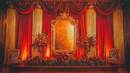 Ornate stage with red curtains, gold mirror, and floral arrangements.