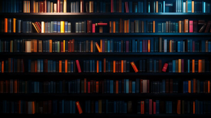 Dark wood bookshelf texture with rows of illuminated books for background or design