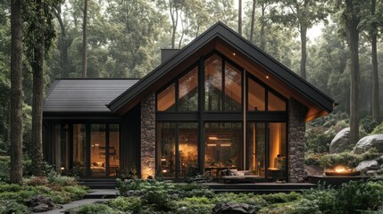 Modern cabin nestled in misty forest, warm interior