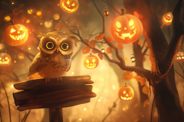 A magical owl with glowing eyes perched on a wooden sign, surrounded by illuminated jack-o&rsquo;-lanterns in a dark enchanted forest. Ideal for Halloween, fantasy, and mystery themes.