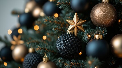 Artificial black Christmas tree with gold and black ornaments