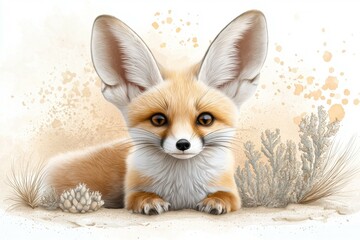 Fototapeta premium Cute little fox is laying down in the sand