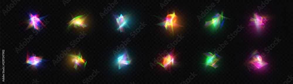Poster rainbow light rays, lens flare, reflection effect from crystal, glass or gem. vector realistic illus