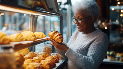Older woman examines fresh pastries in a cozy bakery on a sunny morning