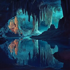 Ethereal Cave Reflections a Subterranean Realm of Stalactites and Still Waters in an Azure Hue