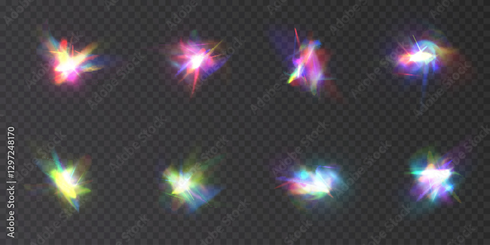 Poster rainbow light rays, lens flare, reflection effect from crystal, glass or gem. vector realistic illus