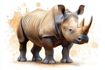 Fototapeta premium Rhino with a horn on its head stands in front of a white background