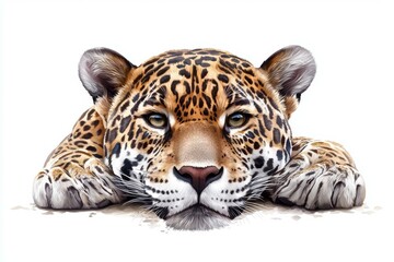 Fototapeta premium Jaguar is laying down on a white background