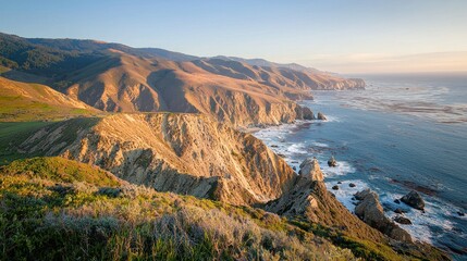 Coastal cliffs at sunset, ocean view, dramatic landscape.