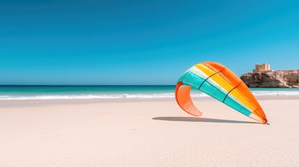 Obraz premium A captivating kite with bright colors rests on the golden sands of a beach, embodying summer joys and evoking feelings of freedom and adventure by the sea.