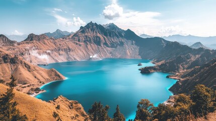 Surreal Volcanic Crater Lake with Glowing Blue Water Landscape
