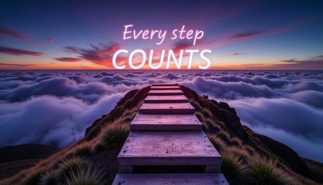 Motivational phrase "Every step COUNTS" with glowing text over a sky-high path above the clouds at sunset.
