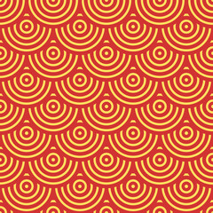 Vector Japanese seamless pattern in oriental geometric traditional style. Festive ornament for lunar chinese new year decoration. Red and golden asian creative motif. Abstract Waves and Circles.