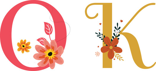 Watercolor alphabet set with flowers Emboidered from A to Z