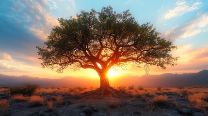 Lone tree at desert twilight high resolution hd image