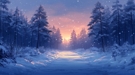 Fototapeta premium Winter forest landscape with tall trees covered in snow