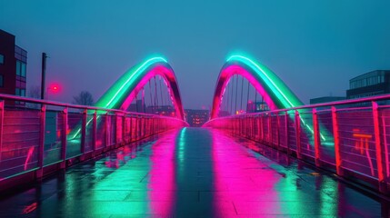 Obraz premium A lit bridge displays colorful neon reflections in a wet street