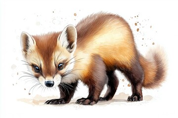 Obraz premium Cute little fox is standing on the ground, looking up at the camera