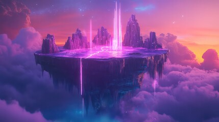 Naklejka premium Floating island fortress with glowing lights and a purple sky above clouds