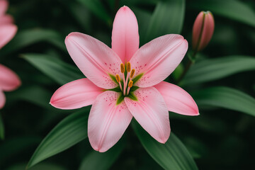 Obraz premium A beautiful pink lily with delicate petals and a vibrant yellow stamen blooms against a backdrop of deep green leaves