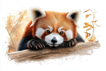 Red and white panda bear is resting on a tree branch