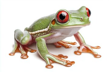 Obraz premium Frog with red eyes and green body is standing on a white background