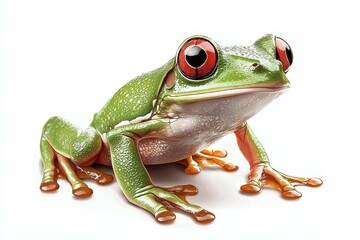 Obraz premium Frog with red eyes is sitting on a white background