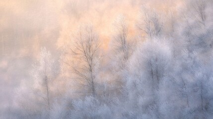Frosty trees in sunrise fog.