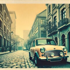 Old Sedan Parked on Cobbled Road