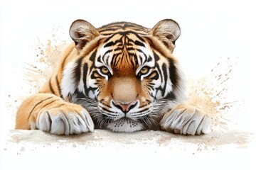 Obraz premium Tiger is laying down on a white background