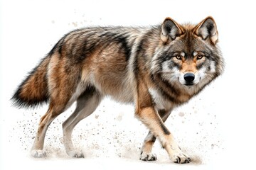 Fototapeta premium Wolf is walking through the sand, looking at the camera