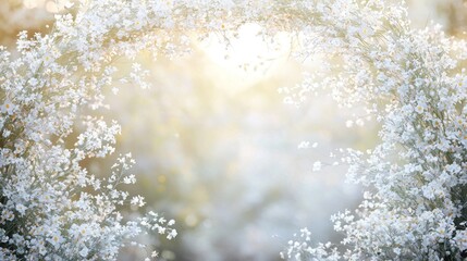 White flowers frame, sunlight bokeh background.