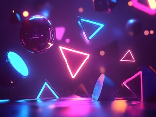 Fototapeta premium Geometric neon shapes floating in a dark futuristic space
