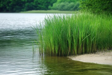 Lush Reed Grass Thrives in Brackish Waters Along a River Merging with an Ocean Bay