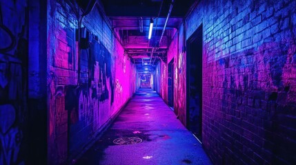 Fototapeta premium A long hallway is brightly illuminated with colored lights at night